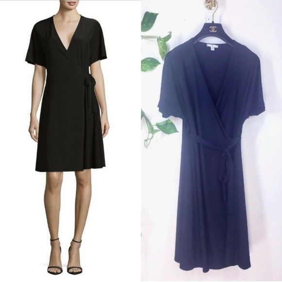 NEW HALSTON Black Wrap A-Line Mini Dress MEDIUM V-Neck Cap Sleeves Self-Tie Belt - Picture 2 of 3